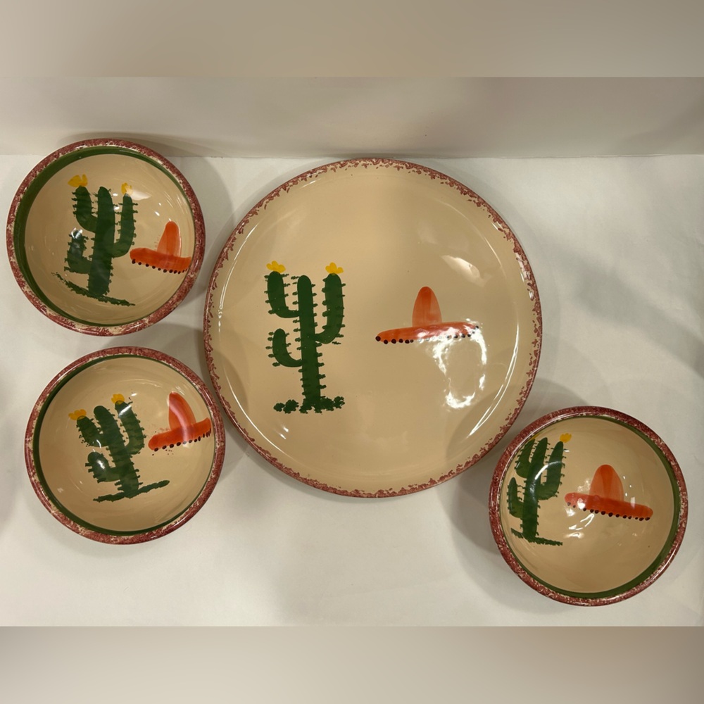 Set of HiMark Vintage Southwest themed Bowls (3) & Plate (1) Cactus & Hat Motif